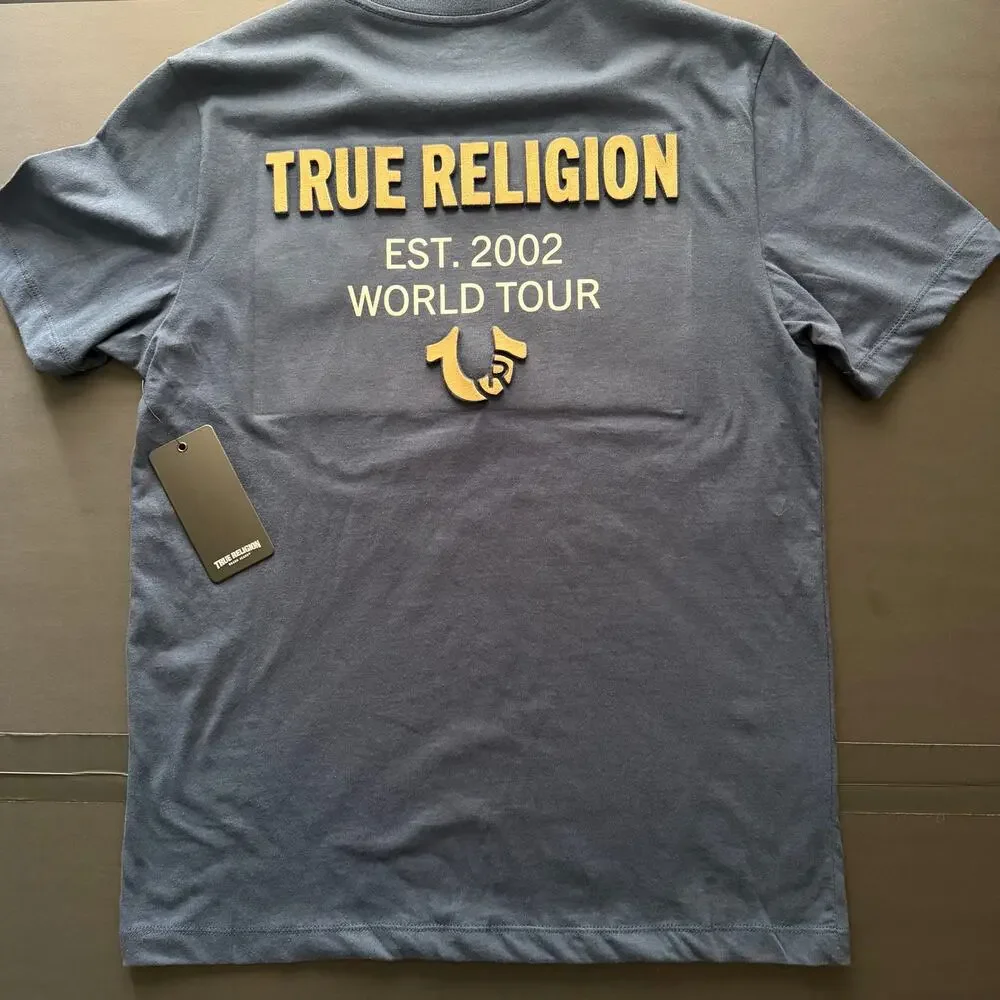 True Religion World Tour Crew Tee Mens M Dress Blue NWT Horseshoe Logo 700163